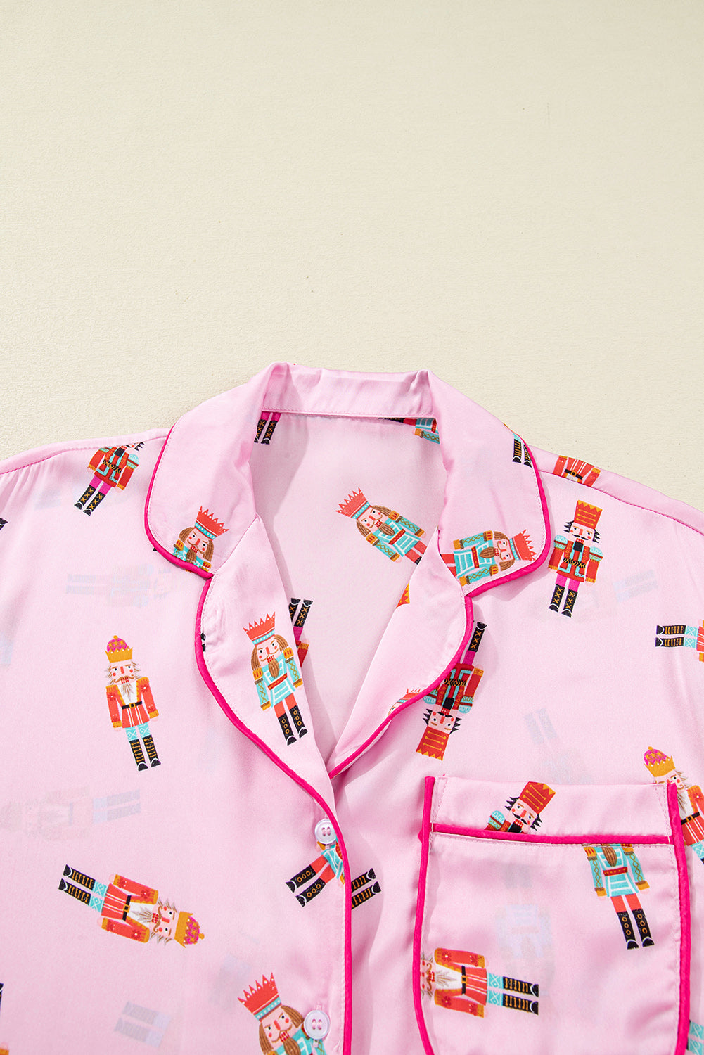 Pink Nutcracker Print Two Piece Pajama Set Contrast Trim Bow Dear-Lover Dropshipping